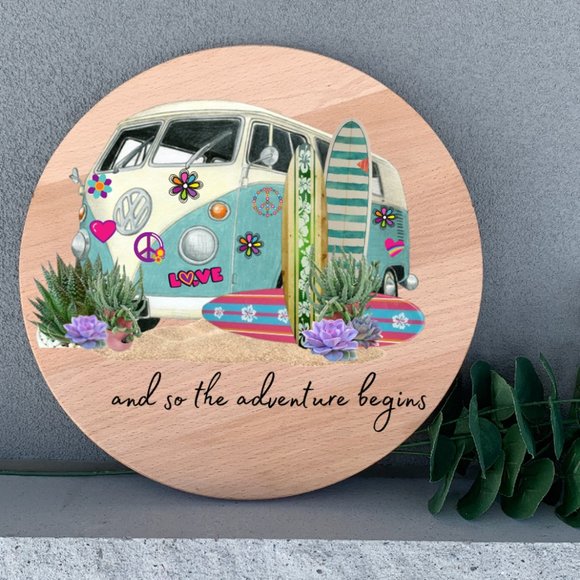 VW Bus Surfer And So the Adventure Begins 12"  Round Wood Handmade Wall Art - Picture 1 of 2